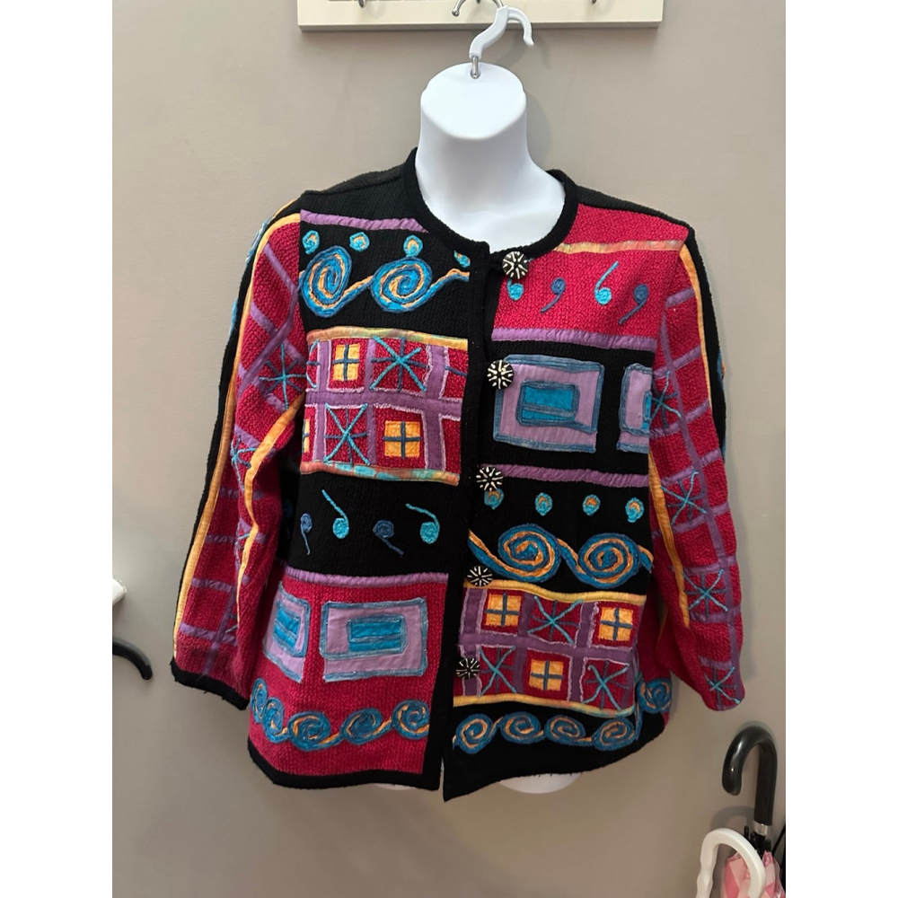 Indigo Moon Embroidered Square & Swirl Motif Cardigan Womens Large Boho Indie